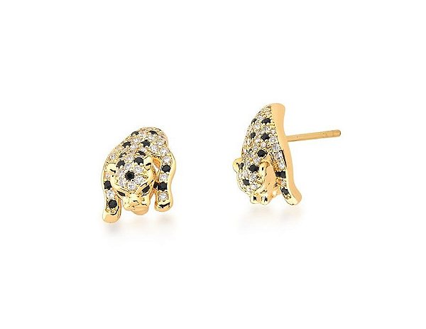 BRINCO LEOPARDO CRAVEJADO PRETO E BRANCO BANHADO A OURO