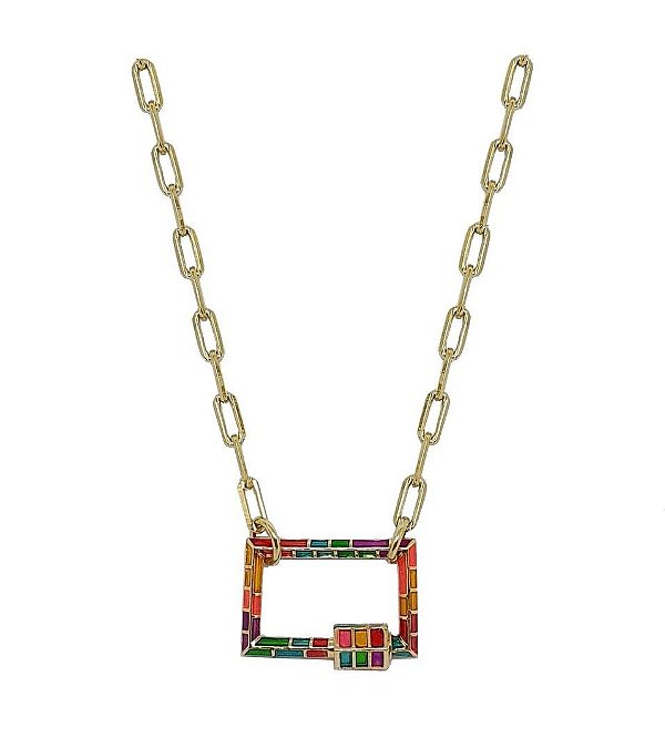 COLAR COM PINGENTE RETANGULAR ESMALTADO BANHADO A OURO