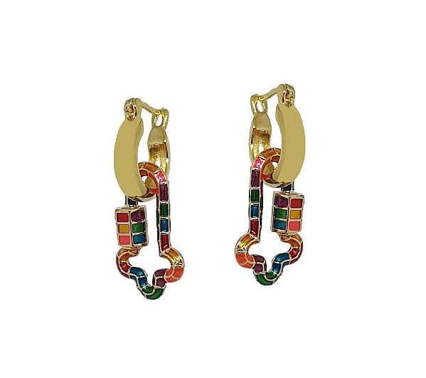 Argola Com Pingente Esmaltado Colorido Banhado a Ouro