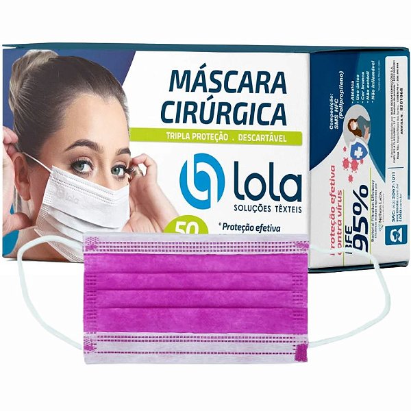 Máscara Descartável Tripla Com Elástico e Clipe Nasal Rosa (50un) - Lola