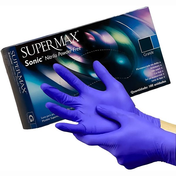 Luva Nitrílica para Procedimento Sem Pó Sonic Azul Cobalto Supermax - C/100