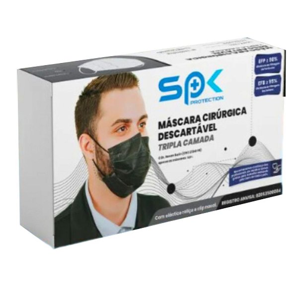 Máscara Facial Descartável Tripla Preto 50Un. - Spk Protection