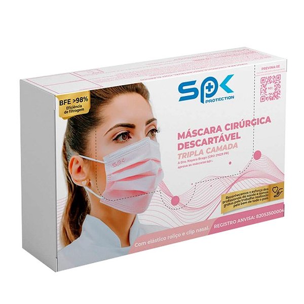 Máscara Facial Descartável Tripla Rosa 50Un. - Spk Protection