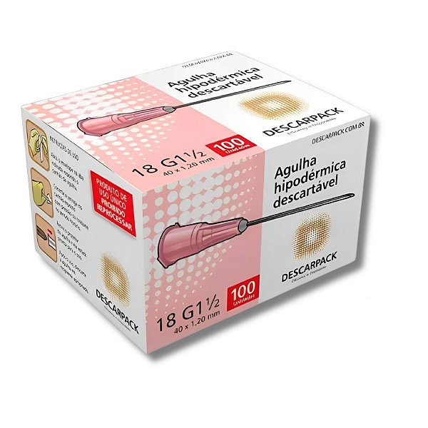 Agulha Hipodérmica Descartável 18G 1 1/2 40x1,20mm - Descarpack