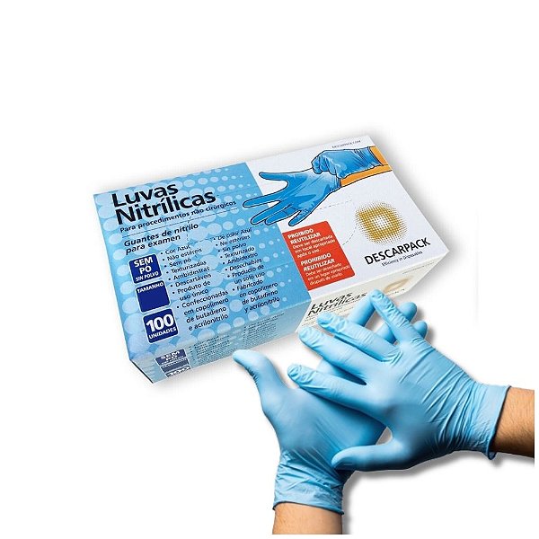 Luva Nitrílica Sem Pó Azul - Caixa com 100 Unidades -  Descarpack