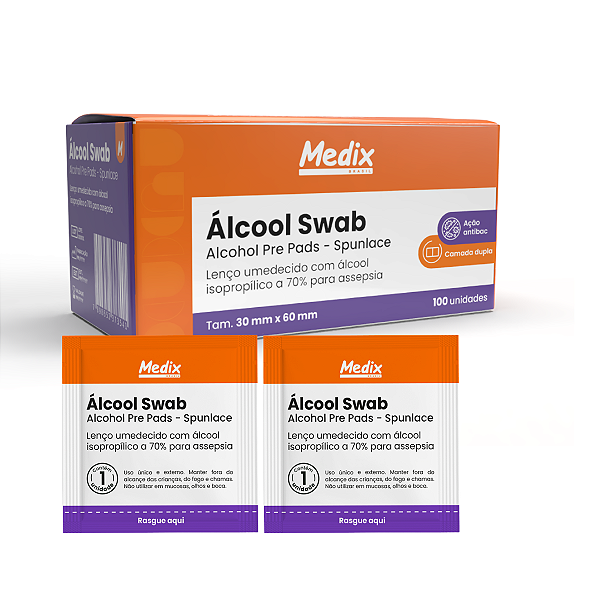 Álcool Swab 70% para Assepsia - 100 Unidades - Medix