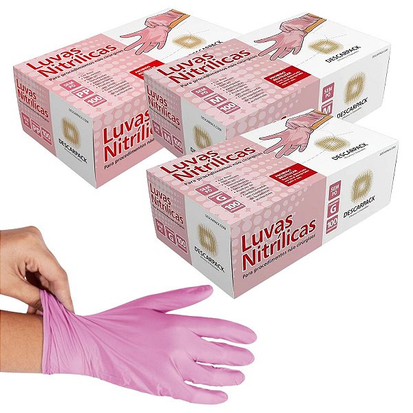 Luva Nitrílica Rosa Sem Pó - Caixa com 100 unidades - Descarpack
