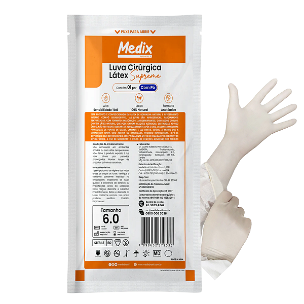 Luva Cirúrgica Látex Estéril Supreme Com Pó 6.0 - Par - Medix