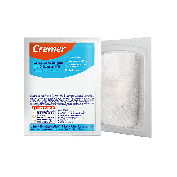 Compressa de Gaze Estéril 13 Fios 7,5cm x 7,5cm (15cm x 30cm) C/10 - Cremer