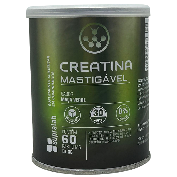 Creatina em Pastilha Mastigável Maçã Verde - 60 Un - SupraLab - Supraervas