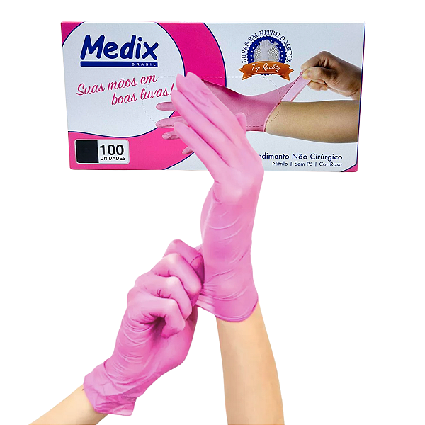 Luva Nitrílica Rosa Sem Pó - Medix