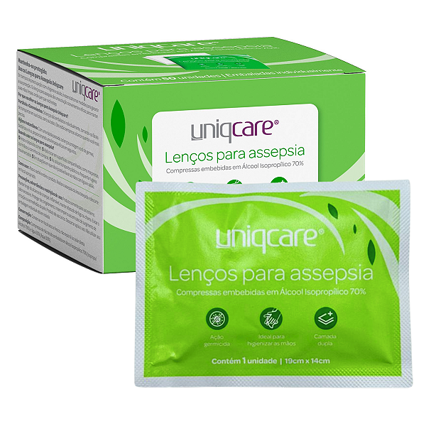 Lenços para Assepsia com Álcool Isopropílico 70% 19cmx14cm - Uniqmed