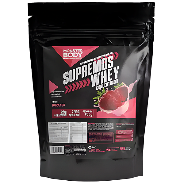 Whey Supremos Concentrado Morango 900g - Monster Body - Supraervas