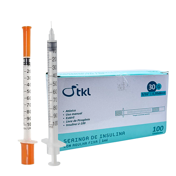 Seringa Insulina 1ml C/Agulha 8mm x 0,30mm - Caixa c/100 - TKL