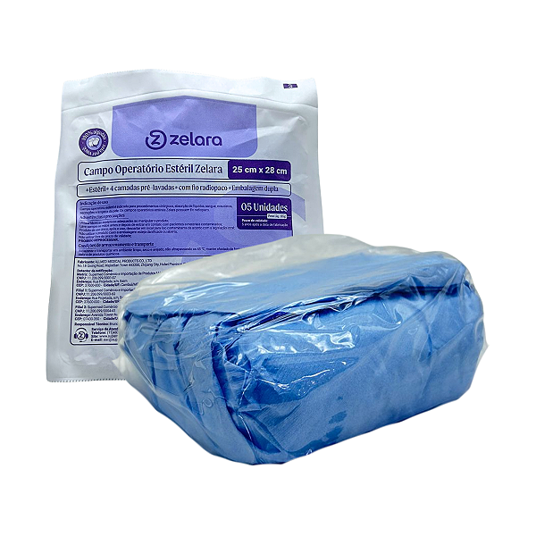 Compressa Campo Operatório Estéril 25cm x 28cm C/ Fio Radiopaco C/5 - Zelara