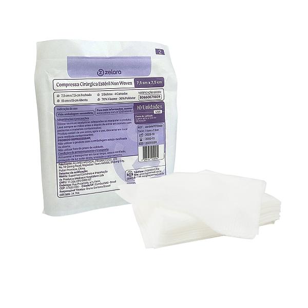 Compressa de Gaze Estéril 7,5 cm x 7,5 cm (15 cm x 15 cm ) Non Woven c/ 10 Unidades – Zelara