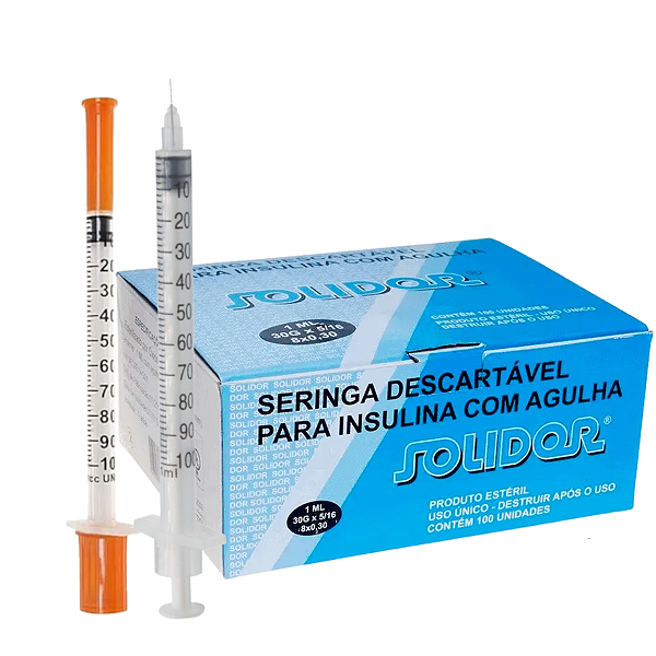 Seringa Insulina 1 ml C/ Agulha 8 mm x 0,30 mm - Caixa com 100 Unidades - Solidor