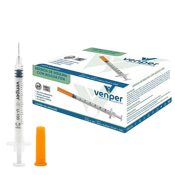 Seringa para Insulina 0,3mL com Agulha Fixa 0,6mm x 0,25mm - Venper - Purah Medical