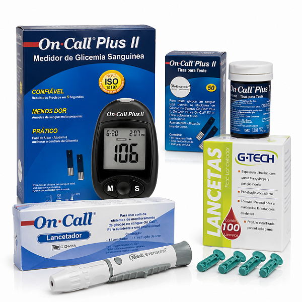 Kit Glicosímetro On Call Plus II Completo com 100 Tiras e 100 Lancetas