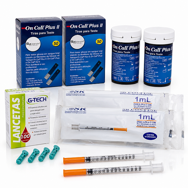 Kit Diabetes Completo 100 Tiras On Call + 100 Lancetas + 20 Seringas Insulina