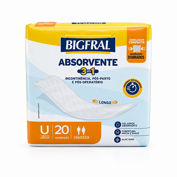 Absorvente para Incontinência Urinária Bigfral 3 em 1 Unissex 20 Unidades