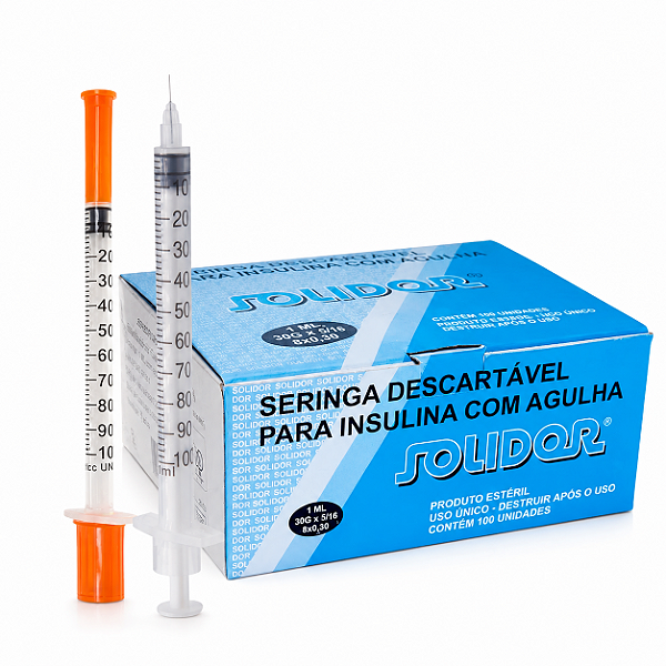 Seringa para Insulina Solidor 1ml com Agulha Fixa 8mm x 0,30mm
