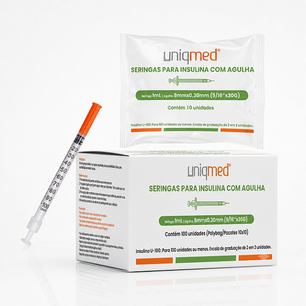 Seringa para Insulina Uniqmed 1ml Agulha 8mm x 0,30mm