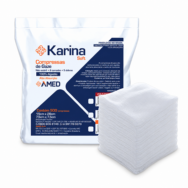 Compressa de Gaze Karina AMED 7,5 × 7,5 cm Não Estéril 500 Unidades — 11 ou 13 Fios