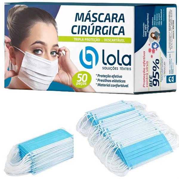 Máscara Descartável Tripla Com Elástico e Clipe Nasal Azul (50un) - Lola