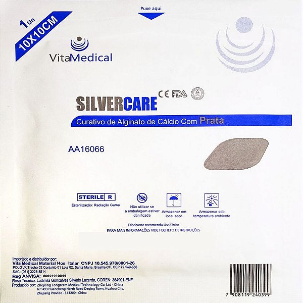 Curativo de Alginato de Cálcio Com Prata Silvercare 10cm x 10cm Vitamedical - 1 Unidade