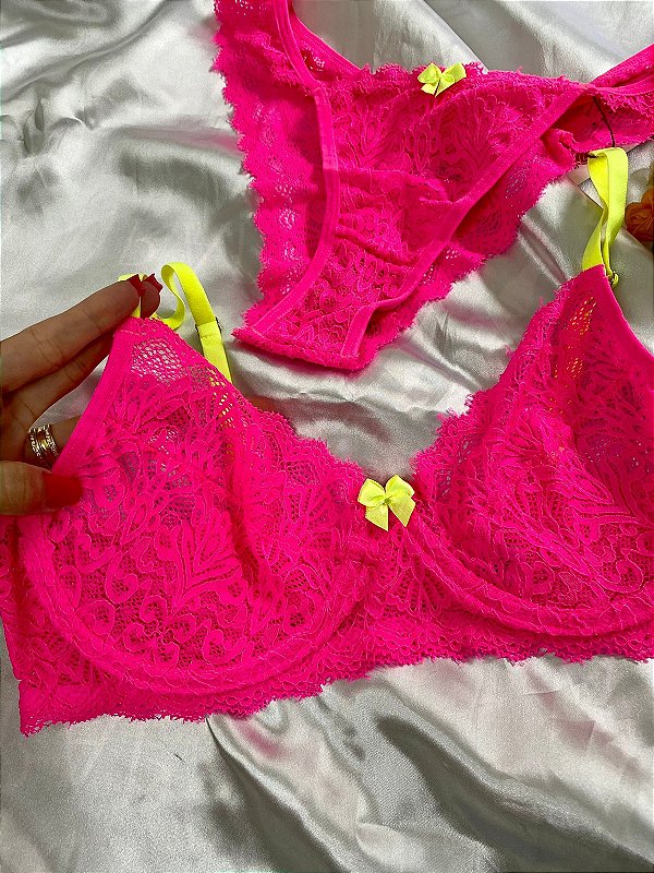 CONJUNTO MEIA TAÇA SEM BOJO COM ARO E FIO DUPLO  Ref.: 202104 ROSA NEON