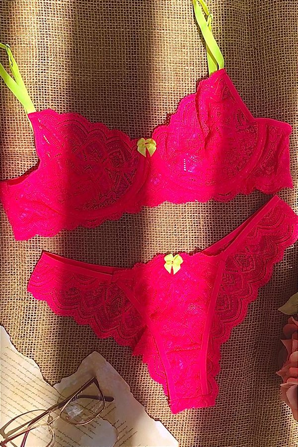 CONJUNTO MEIA TAÇA SEM BOJO COM ARO E FIO DUPLO Ref.: 202104 ROSA NEON