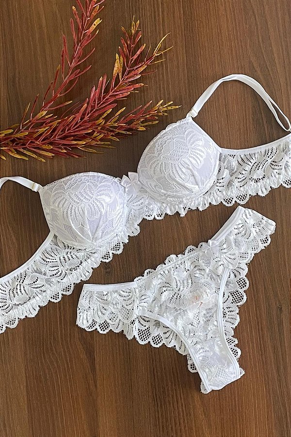 CONJUNTO COM BOJO E ARO TODO EM RENDA COM CALCINHA FIO DUPLO EM RENDA  BRANCO Ref.: 0026