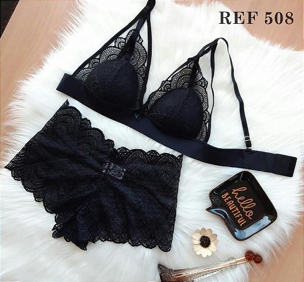 CONJUNTO COM BOJO TRIANGULO INTEIRO EM RENDA STRAPP CALCINHA KALESSON Ref.: 508