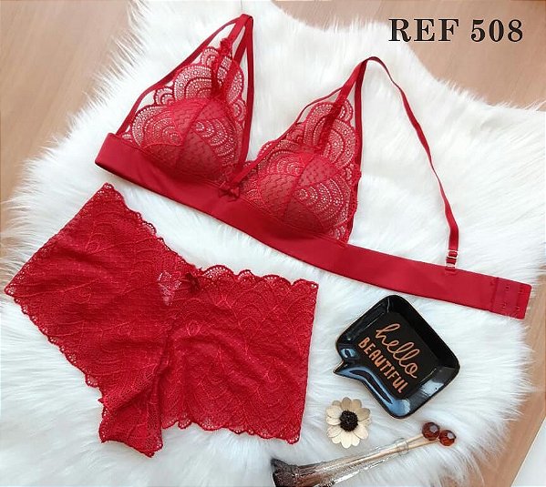 CONJUNTO COM BOJO TRIANGULO INTEIRO EM RENDA STRAPP CALCINHA KALESSON Ref.: 508 - Vermelho