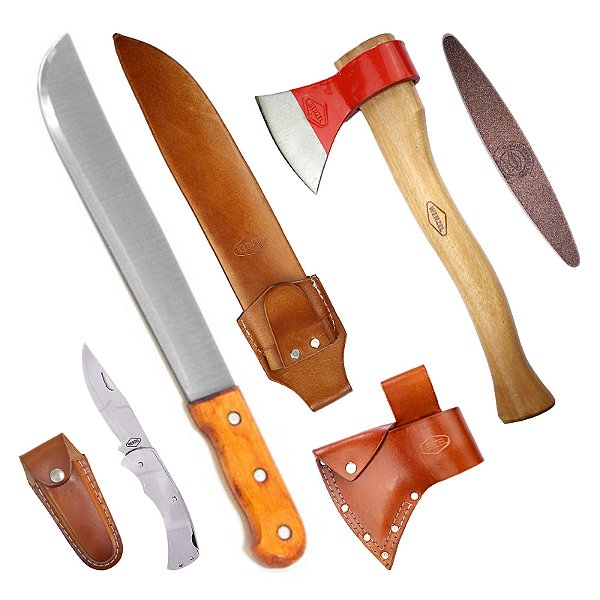 Kit Aventura com machadinha, facão para mato, pedra de afiar e canivete