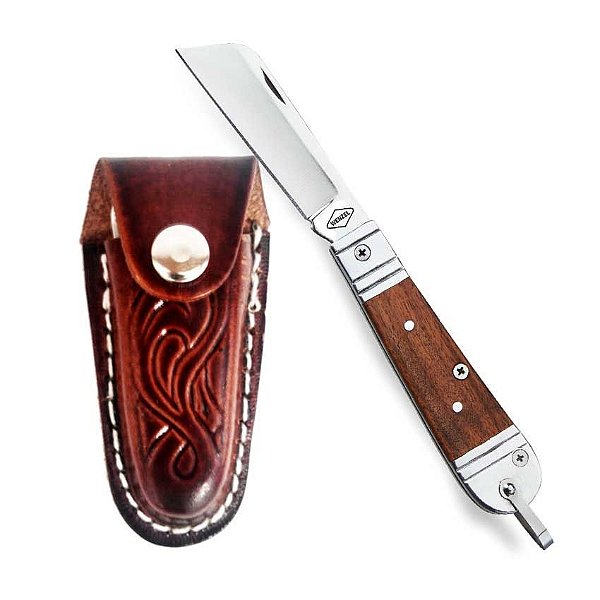 Canivete Rog Inox com Cabo Alum/Mad 2 3/8"​e Bainha de Couro