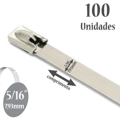 Abraçadeira Auto travante Aço Inox 304, Largura: 5/16'' (7,93mm) - 100 unidades sem revestimento