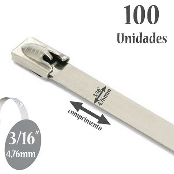 Abraçadeira Auto travante de Aço Inox 304, Sem Revestimento, Largura: 3/16" (4,76mm), 100 Unidades