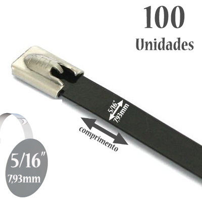 Kit 100 Abraçadeiras Auto Travantes de Aço Inox 316 Revestidas com Poliéster Preto, Largura 5/16"