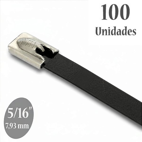 Kit 100 Abraçadeiras Auto Travantes de Aço Inox 316 Revestidas com Epóxi Preto, Largura 5/16"