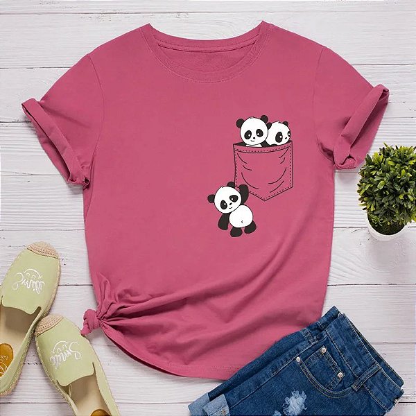 Panda de Bolso Estampado T-Shirt, Manga Curta, Camiseta Desenhos