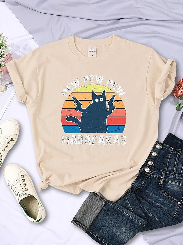 Camisetas Gato  Pew Pew Madafaks Respirável Manga Curta Desenho