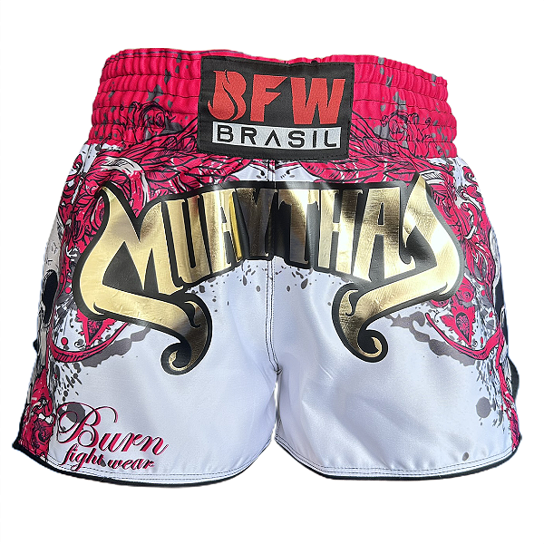Short Muay Thai Calção Tailandês - Gold Pink/Branco