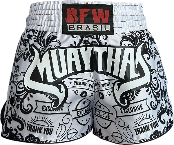 Short Muay Thai Calção Tailandês Unissex - Premium Branco