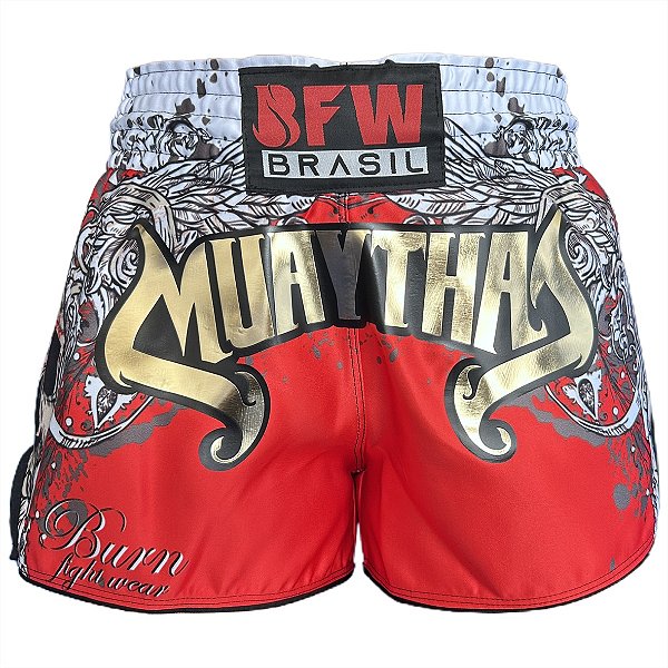 Short Muay Thai Calção Tailandês Premium Unissex - Gold Vermelho
