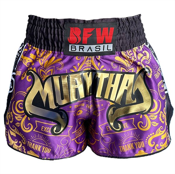 Short Muay Thai Calção Tailandês - Premium Roxo e Dourado
