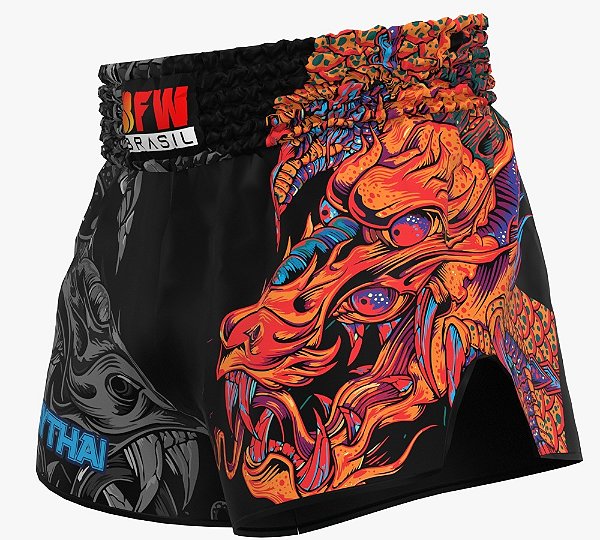 Short Muay Thai Calção Tailandês Unissex - Dragão Laranja