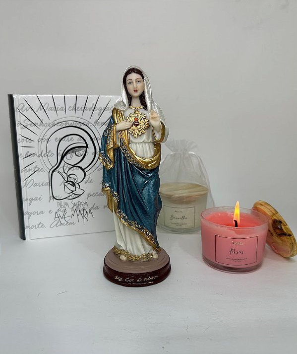 Kit Imagem Sagrado Coraçao de Maria, Biblia, e Vela Aromatica