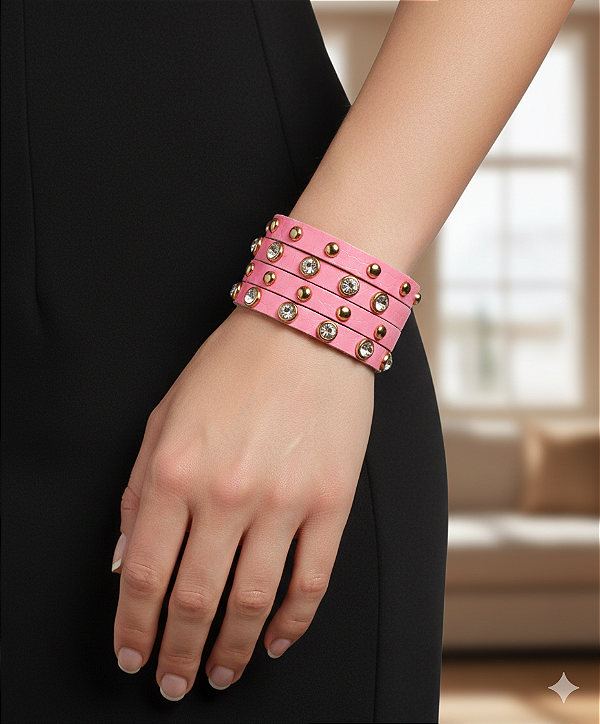 Pulseira Feminina em Couro Legitimo Cravejada em Cristais